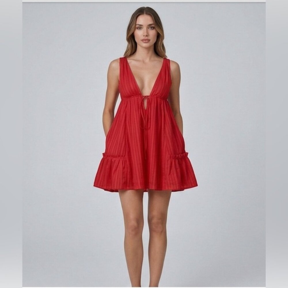 Ethereal 100% Cotton Deep V-Neck Babydoll Mini Dress Red
